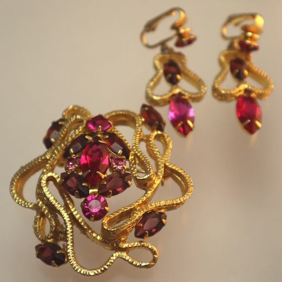 Pink Purple Rhinestone Abstract Squiggly Brooch Pin Set Vintage - Picture 2 of 8